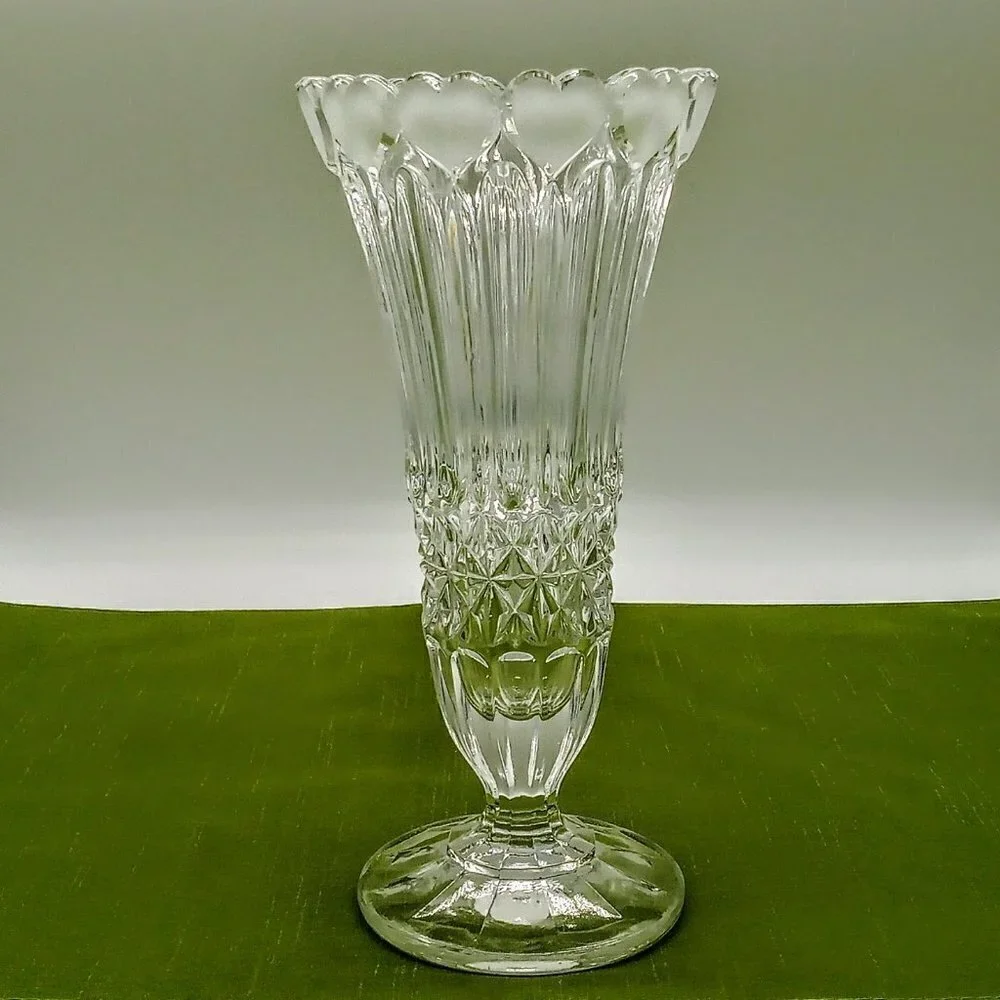 Clear Crystal Tall Glass Vase Frosted Hearts Rim